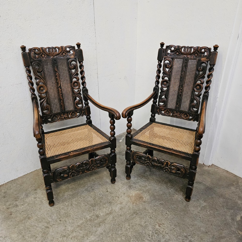 Pair Of Carved Victorian Barley Twist & Bobbin Rattan Armchairs