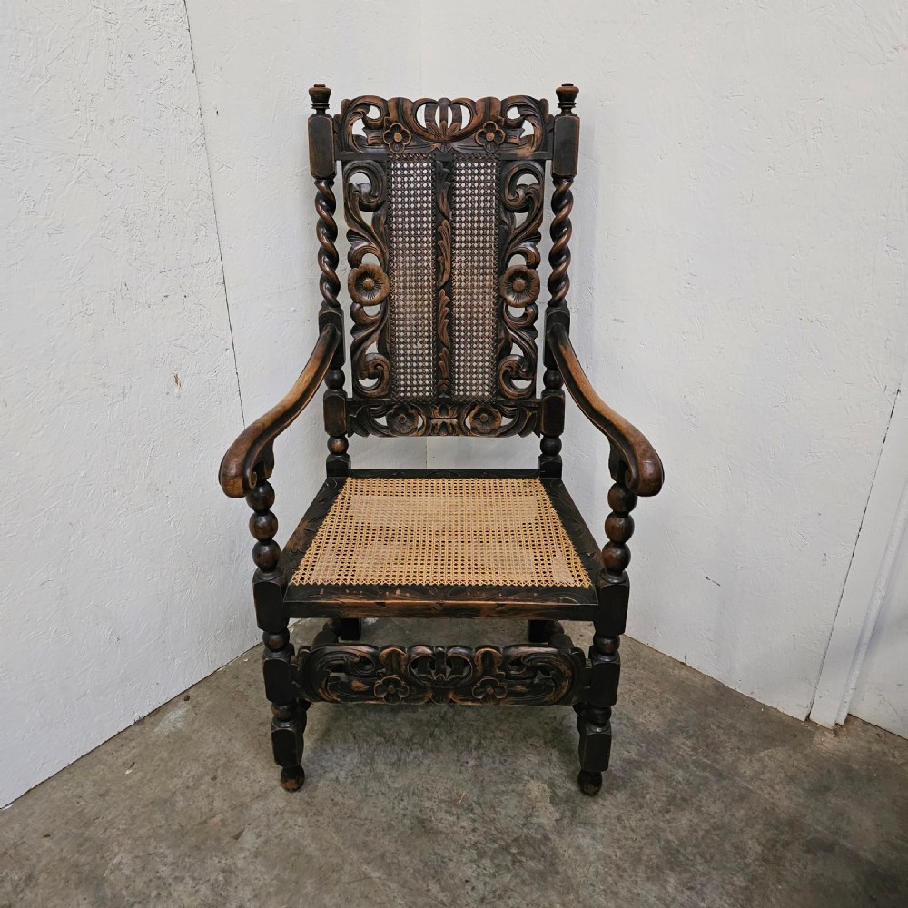 Pair Of Carved Victorian Barley Twist & Bobbin Rattan Armchairs View II