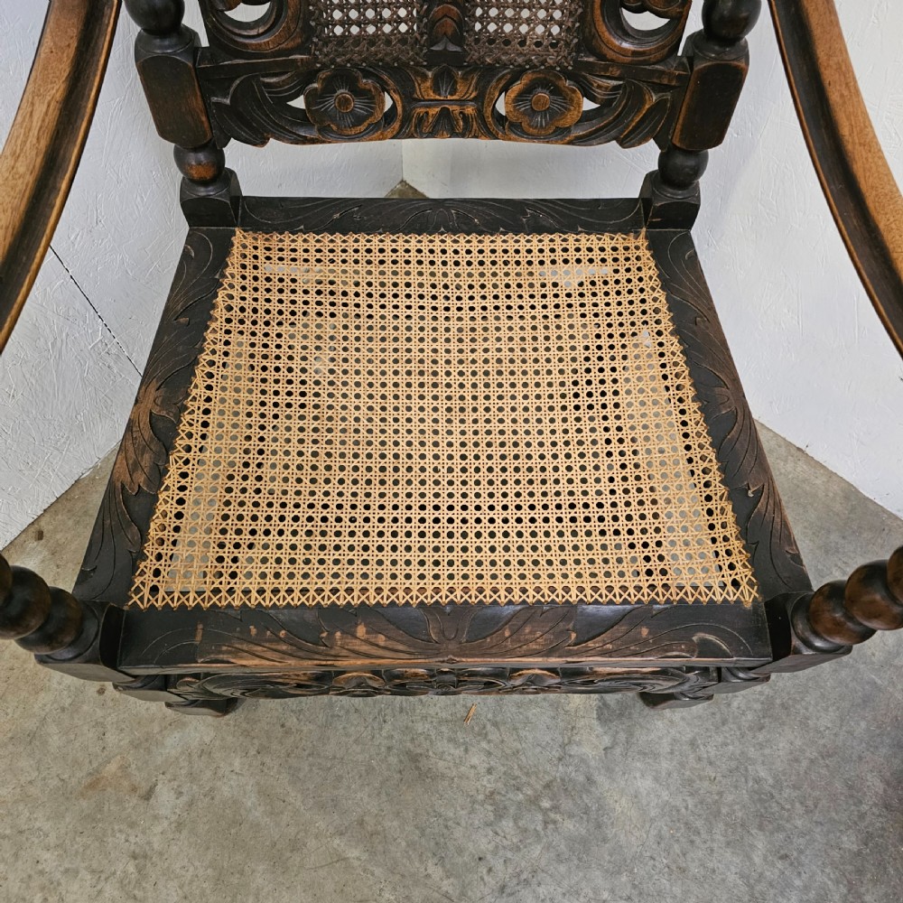 Pair Of Carved Victorian Barley Twist & Bobbin Rattan Armchairs View IV