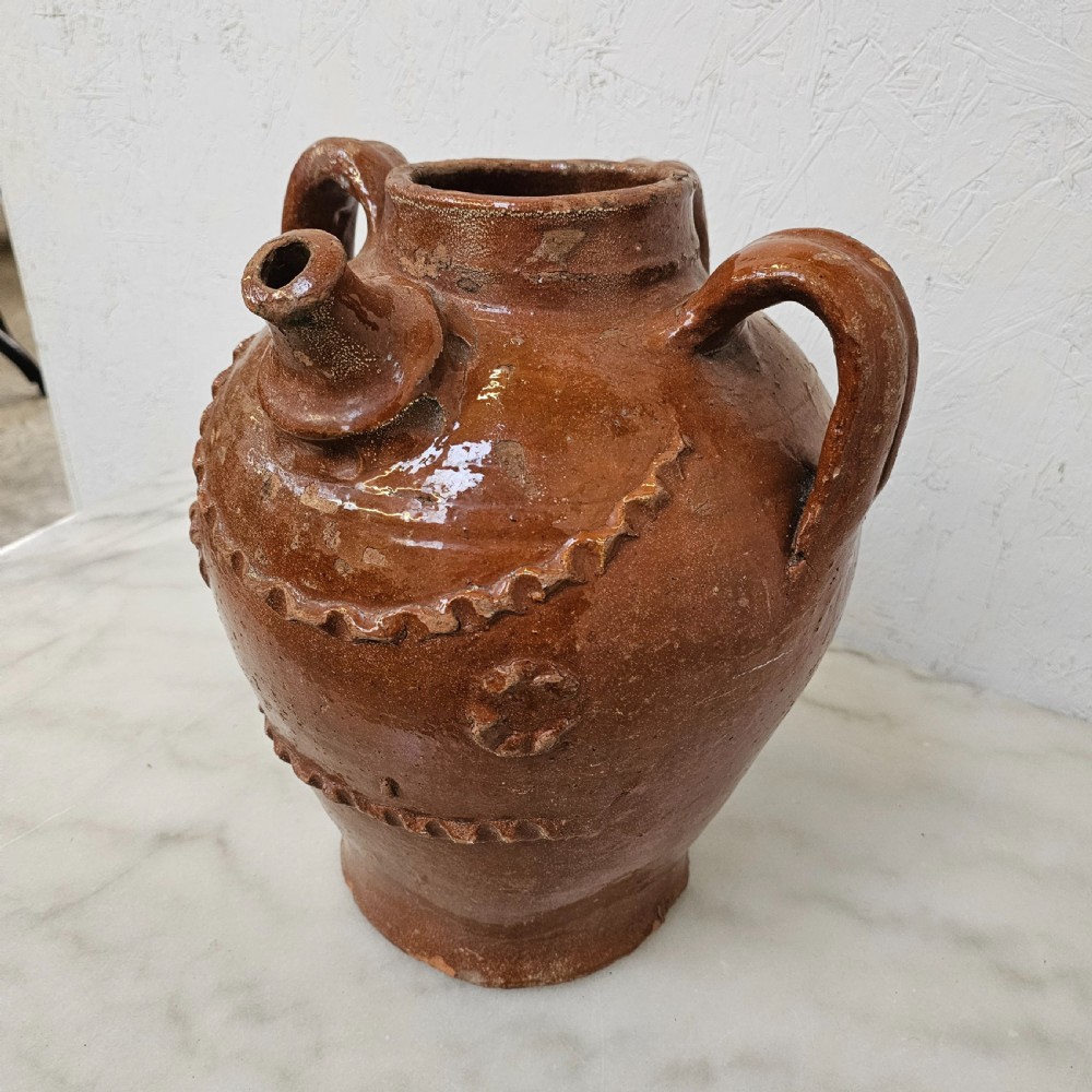 French Glazed Walnut Oil Jar View V