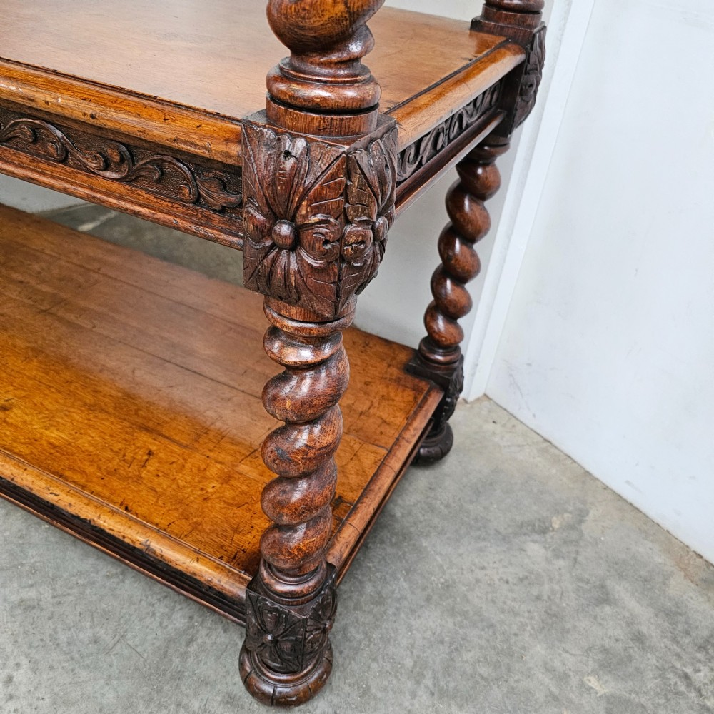 19th Century English Carved Oak Three Tier Buffet View IV