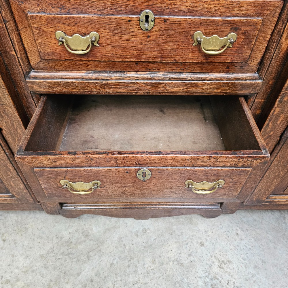 A Georgian oak breakfront dresser base featuring a central stack of three drawers flanked by two arched panel cupboard doors with brass handles. View VII