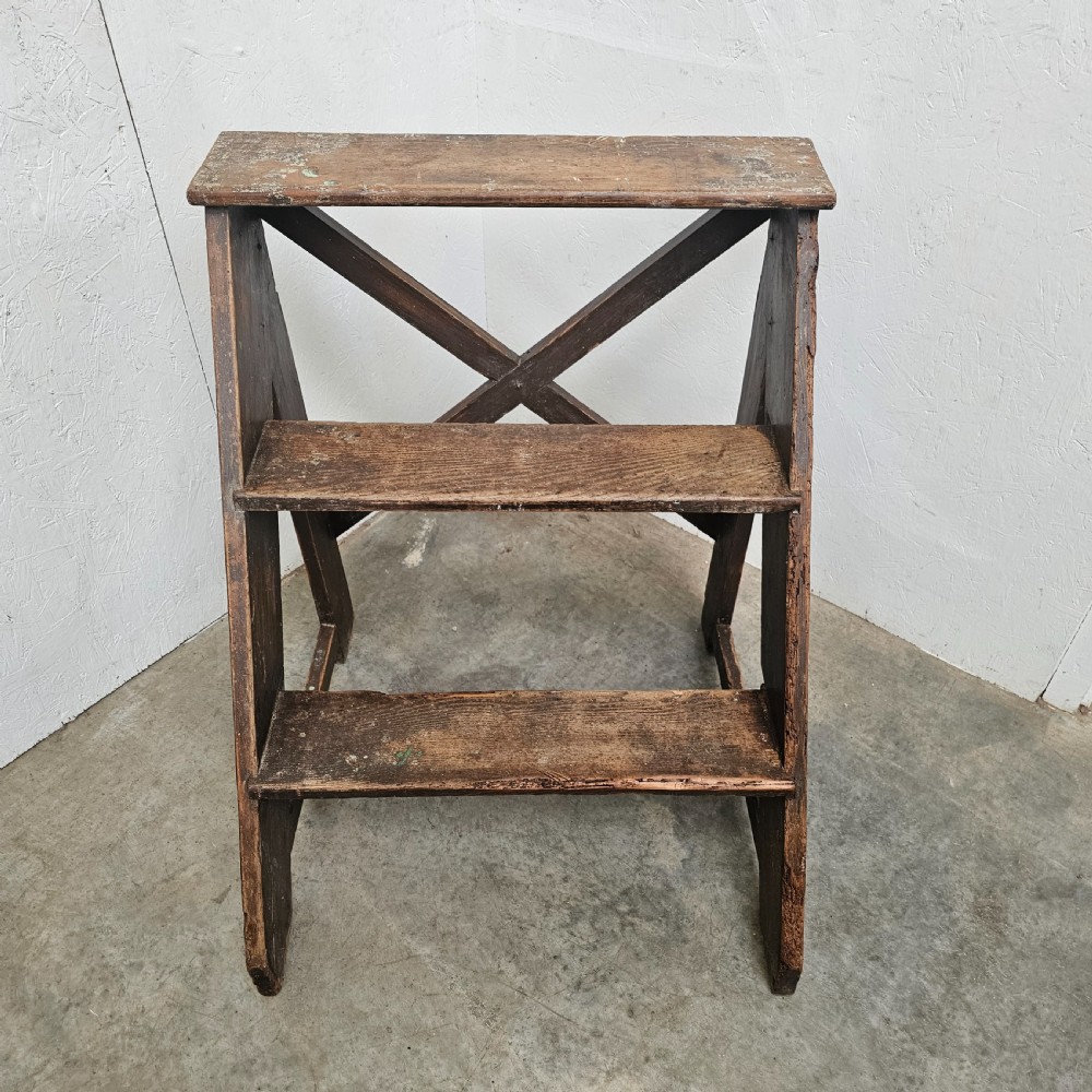 A three-tier dark pine wooden step stool featuring an A-frame structure with a cross-brace on the reverse. View II