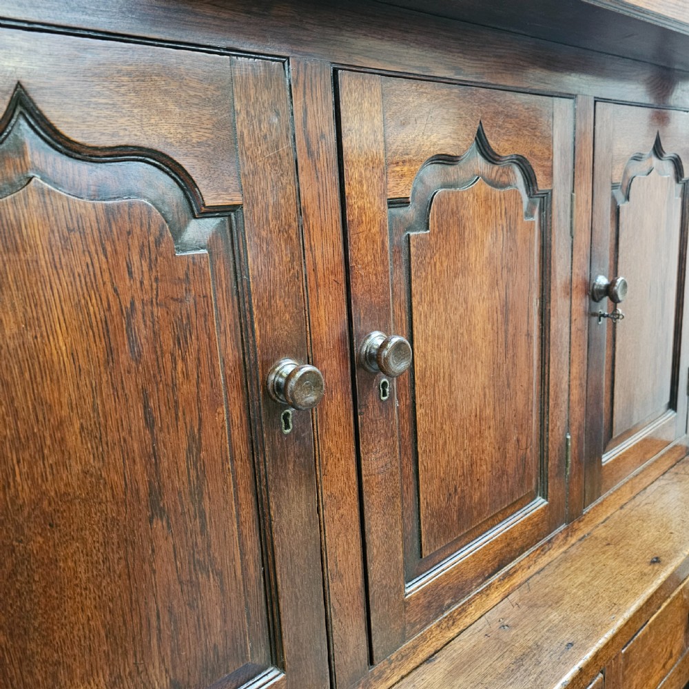 An eighteenth-century dark oak Welsh deuddarn press cupboard featuring three ogee arched upper doors above drawers and fielded lower panel doors. View VI