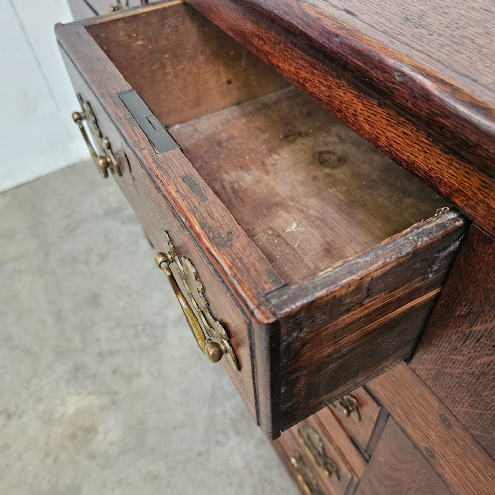 A 19th-century English oak dresser base featuring three upper drawers, three central drawers, two panelled cupboard doors, and brass swan-neck handles. View III