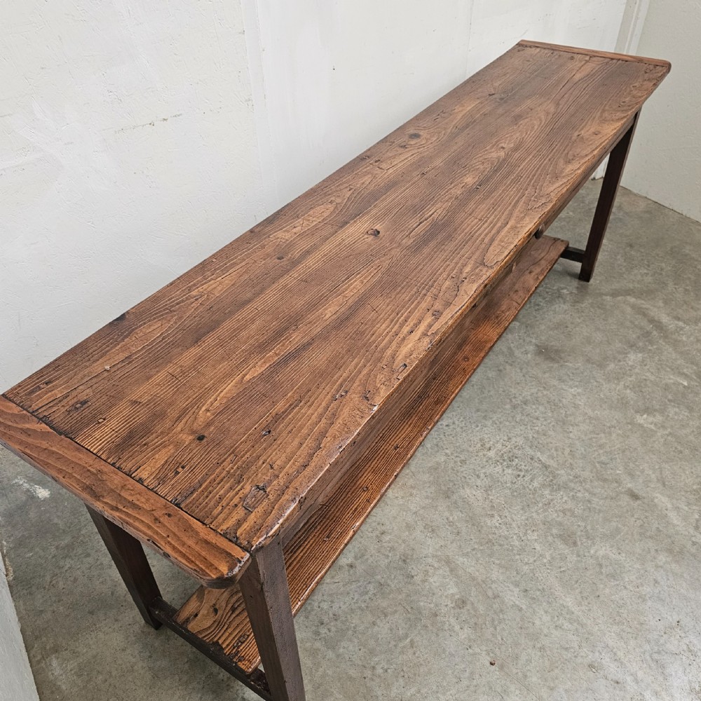 French Country Pine Potshelf Serving Table With Drawer View II
