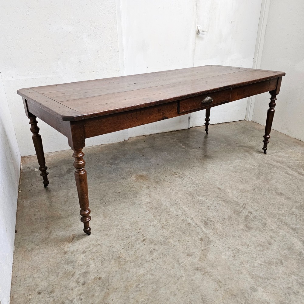French Oak Turned Leg Dining Table With Drawer