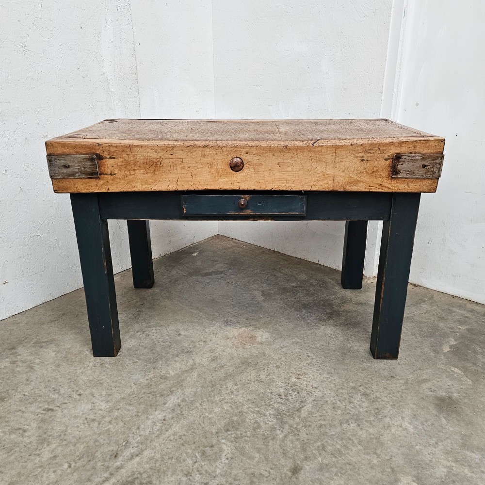 English Beech Butchers Block On Painted Stand