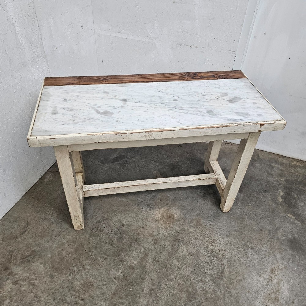 A French rustic off-white painted timber prep table featuring an inset white marble top surface and lower stretchers. View III