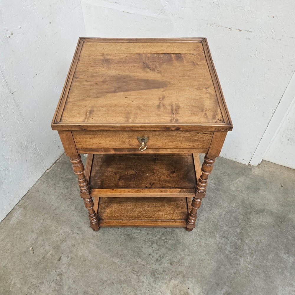 A French walnut etagere featuring three tiers, turned spindle supports, and a single top drawer with a brass handle. View III