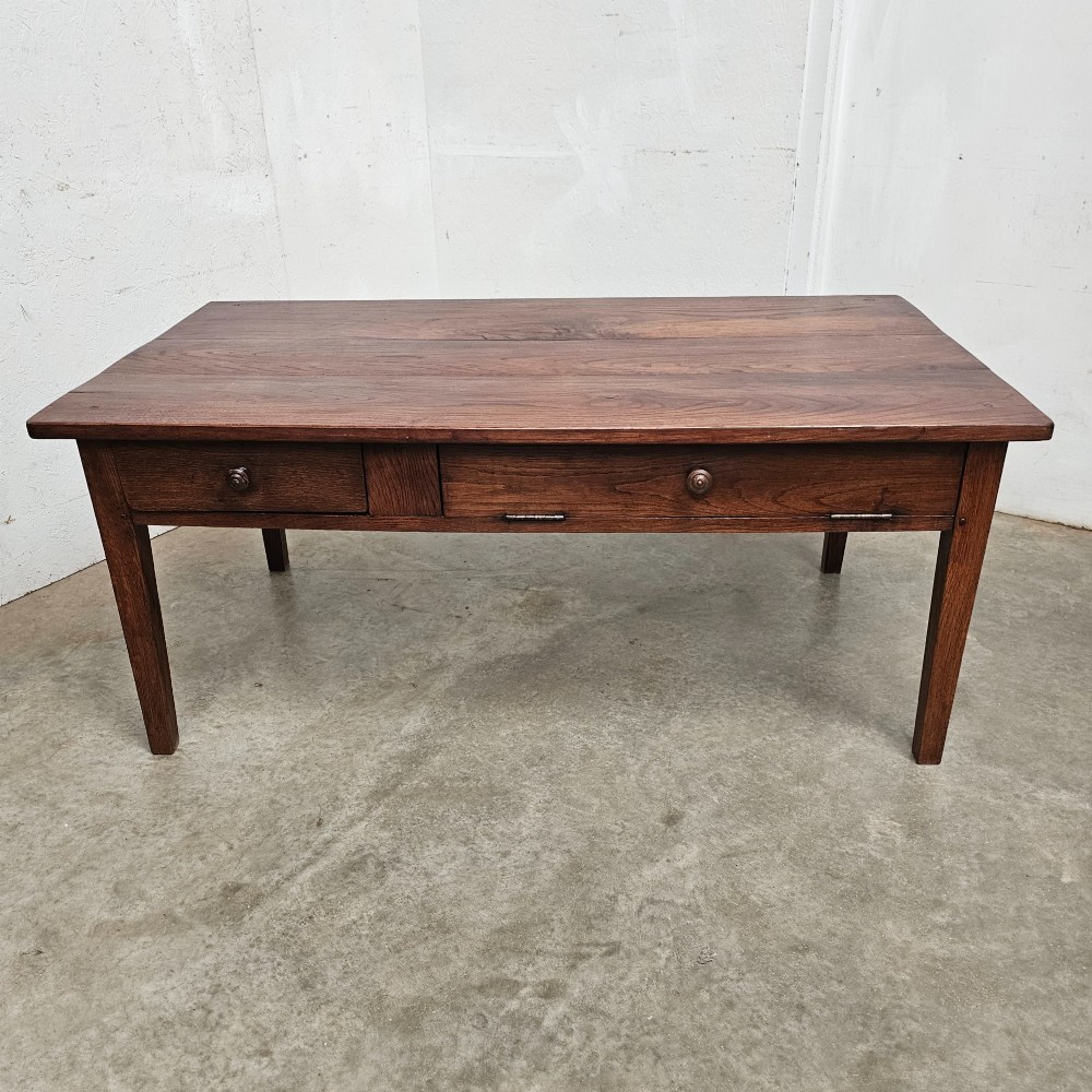 A low rectangular dark oak table featuring a front drawer, a drop-front bread flap storage compartment, and square tapered legs. View III