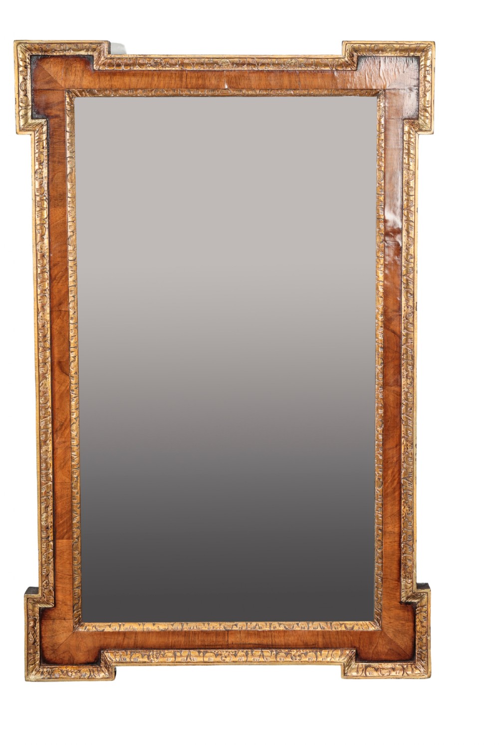 George II walnut and parcel gilt mirror. Circa 1740