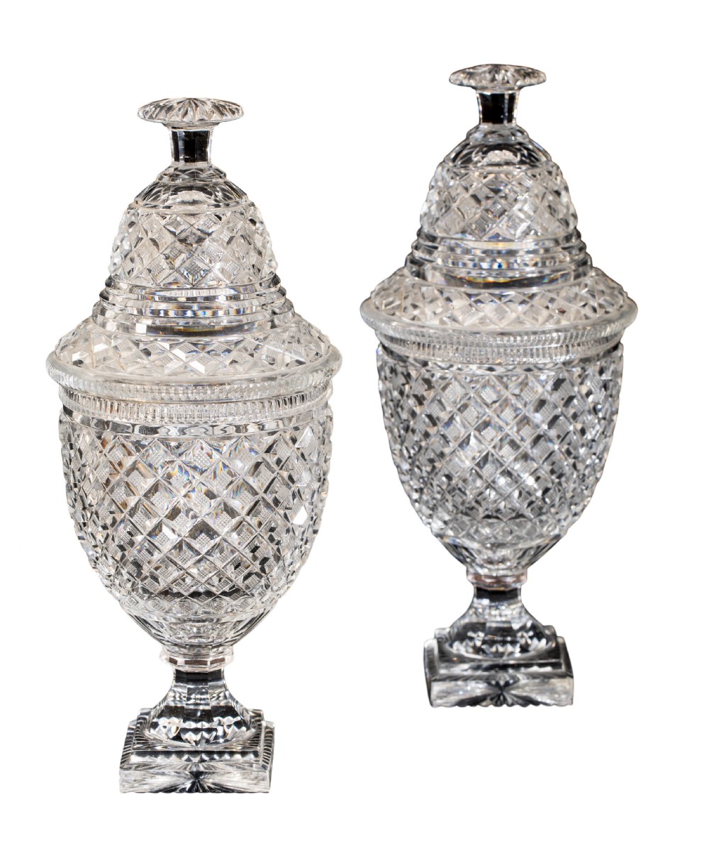 A pair of 19th century hobnail pattern glass sweetmeat jars. Circa 1850