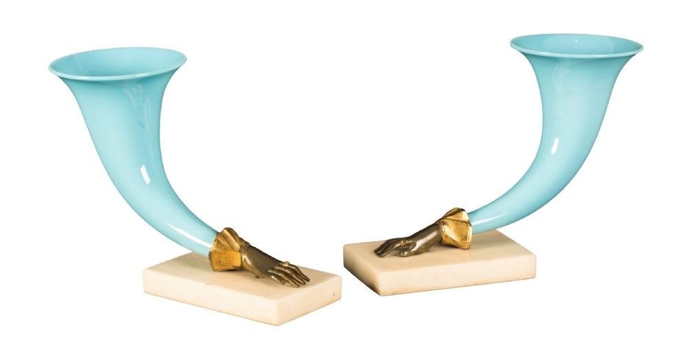 Pair of Regency glass cornucopia on marble bases. Circa 1830