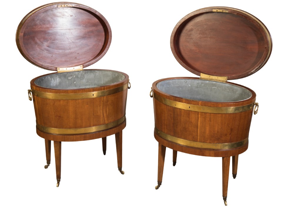 Pair of George III mahogany brass bound wine coolers. Circa 1780 View II
