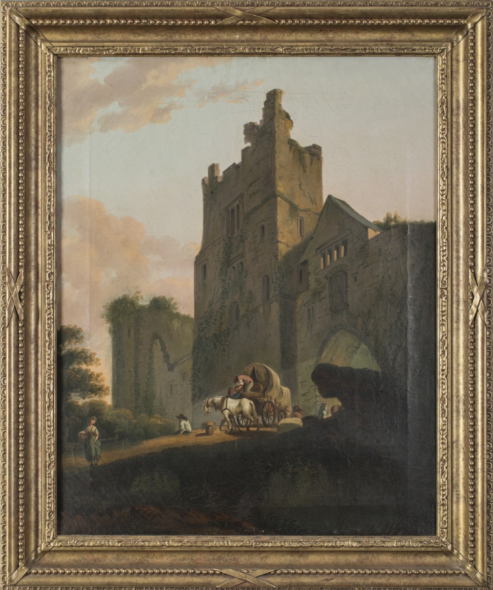 An early 19th-century oil painting depicting the stone ruins of Ludlow Castle with figures and a horse cart, set in a carved gilt frame.