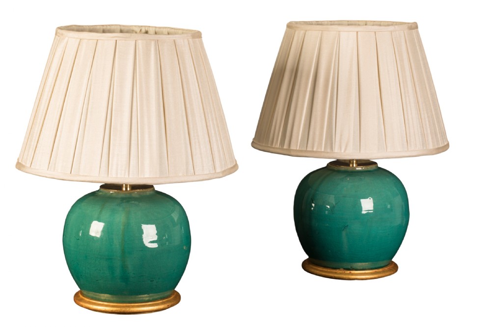 Pair of 20th century Celadon ginger jars converted to lamps. Circa 1920