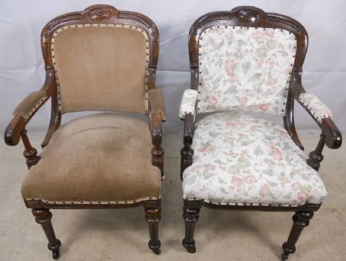 Pair Victorian Oak Library Armchairs