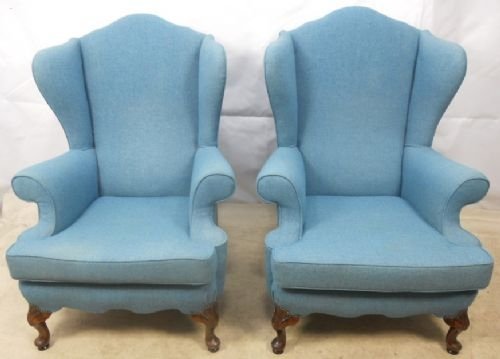 Pair Queen Anne Style Wingback Fireside Armchairs
