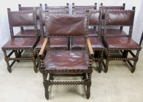 Set of Nine Oak Cromwellian Style Leather Studded Dining Chairs