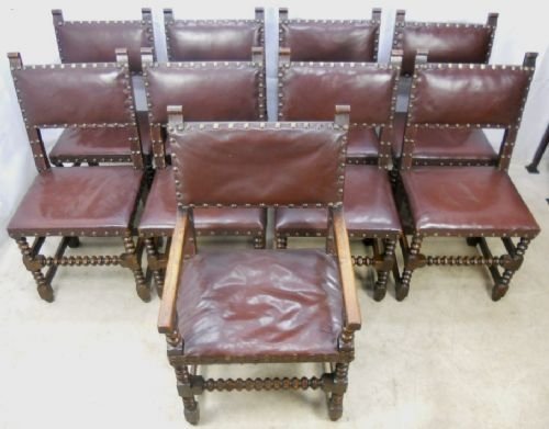 fig 1. Set of Nine Oak Cromwellian Style Leather Studded Dining Chairs