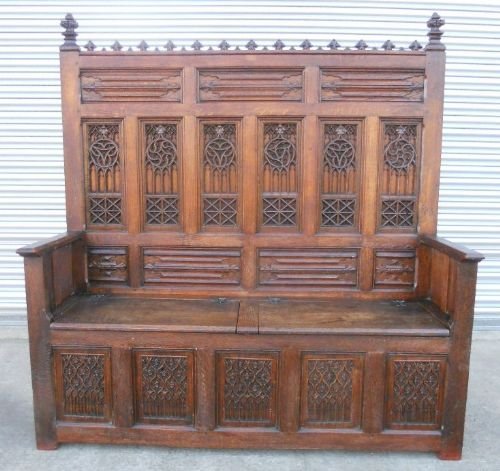 Victorian Gothic Carved Oak Hall Settle