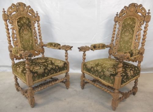 Pair Victorian Heavily Carved Oak Throne Style Armchairs