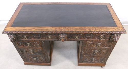 Victorian Heavily Carved Dark Oak Writing Desk