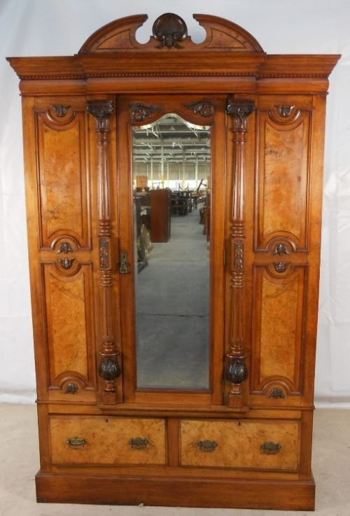 Quality Edwardian Carved Walnut Hanging Wardrobe