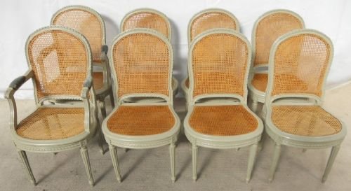 Set of Eight French Painted Bergere Dining Chairs