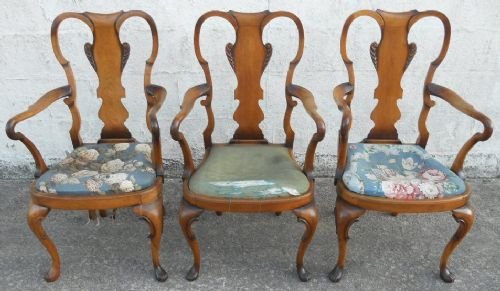 Set of Three Walnut Carver Armchairs