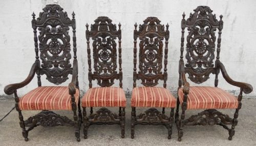 Set of Four Victorian Heavily Carved Dark Oak Dining Chairs