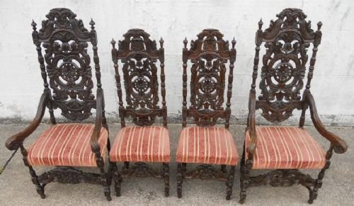 fig 1. Set of Four Victorian Heavily Carved Dark Oak Dining Chairs