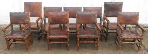 Set of Nine Cromwellian Style Leather Carver Armchairs
