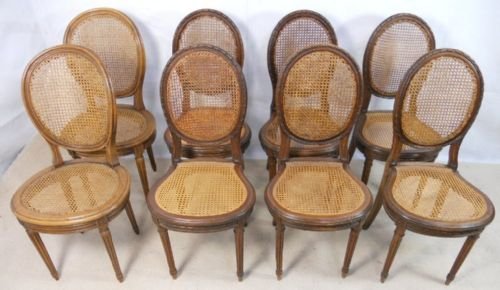 Eight Walnut Framed Bergere Dining Chairs
