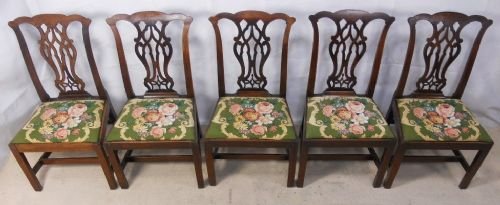 Set of Five Georgian Period Country Oak Chippendale Style Dining Chairs