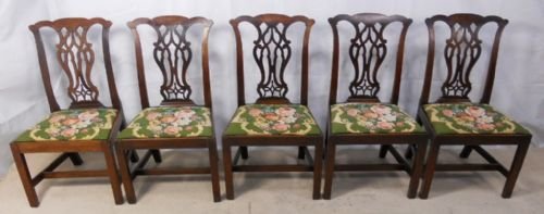 fig 1. Set of Five Georgian Period Country Oak Chippendale Style Dining Chairs