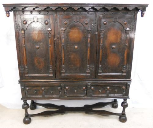 Large Dark Oak Jacobean Style Cabinet on Stand