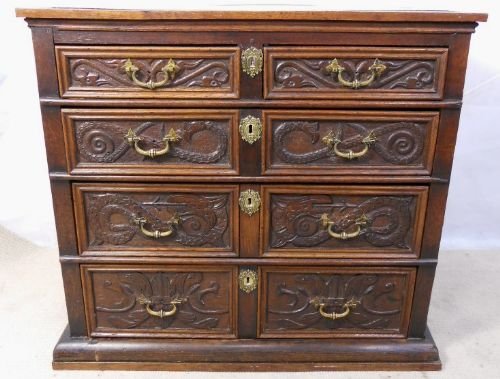 Early Jacobean Period Oak Chest of Drawers with Later Victorian Carving