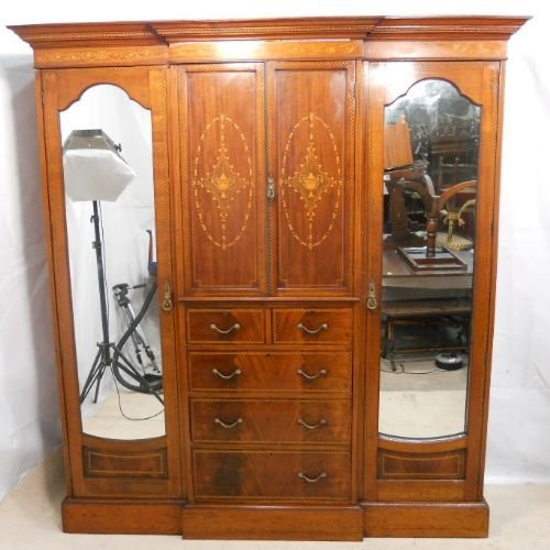Large Edwardian Marquetry Inlaid Combination Wardrobe