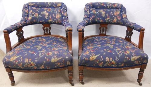 Pair Edwardian Mahogany Upholstered Tub Armchairs