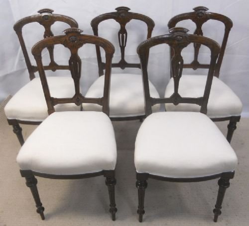 Set of Five Victorian Carved Walnut Dining Chairs