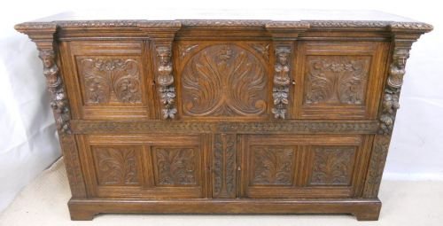 Victorian Heavily Carved Dark Oak Cupboard Sideboard