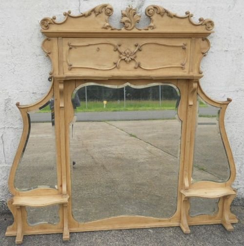 Large Edwardian Pine & Beech Mirrorback Overmantle