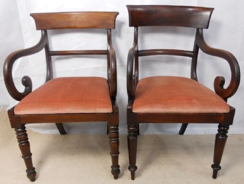 Two William IV Mahogany Scroll Arm Carver Armchairs
