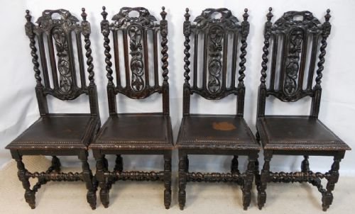Set of Four Victorian Heavily Carved Dark Oak Dining Chairs