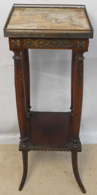 Marble Top Walnut & Brass Jardiniere Plant Stand
