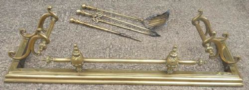 Victorian Ornate Brass Fire Kerb & Set of Three Brass Fire Irons