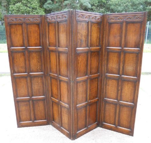 Tudor Style Four Fold Oak Carved Panelled Standing Screen