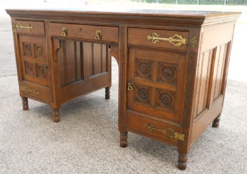 Aesthetic Movement Oak Panelled Kneehole Writing Desk